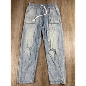Aerie Jogger Jeans Drawstring Women's Medium Light Wash Distress Fade High Rise